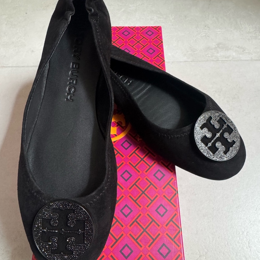 Tory Burch Minnie Suede Pave Black Flats with Embellished Logo
